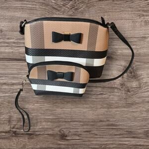 Deluxity LA Purse and cosmetics bag. Beige, Black, and White with Black Bows